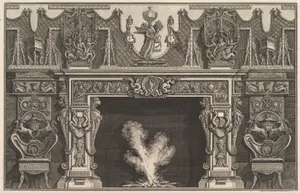 Bird in shell at the center of the lintel, with a frieze of trophies, surmounted by an overmantel with candelabra and flanked by chairs. (Ch. décorée d'une frise de casques et d'armures . . .)