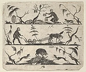 Blackwork Design for Goldsmithwork with a Bee-Keeper, a Farmer and a Boar by Mathais Beitler
