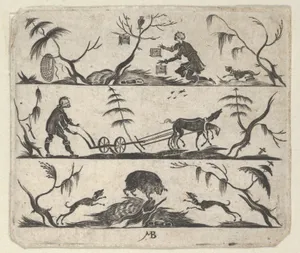 Blackwork Design for Goldsmithwork with a Bee-Keeper, a Farmer and a Boar