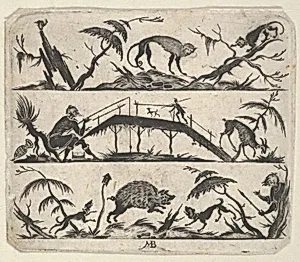 Blackwork Design for Goldsmithwork with a Hunter and a Fisherman by Mathais Beitler