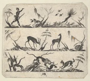 Blackwork Design for Goldsmithwork with a Hunter and Animals