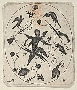 Blackwork Design for Goldsmithwork with a Putto, Birds and Insects by Mathais Beitler