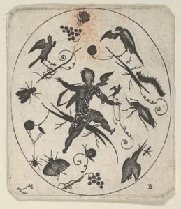 Blackwork Design for Goldsmithwork with a Putto, Birds and Insects