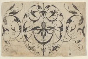 Blackwork Design for Goldsmithwork with Grotesques, Garlands, and Birds