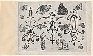 Blackwork Designs with Acrobats, Butterflies and Other Insects, Plate 3 from a Series of Blackwork Ornaments combined with Figures, Birds, Animals and Flowers by Meinert Gelijs|Jacques Callot|Jakob Hoefnagel