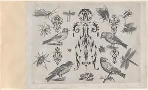 Blackwork Designs with Birds and Insects, Plate 2 from a Series of Blackwork Ornaments combined with figures, birds, animals and flowers