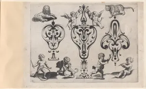 Blackwork Designs with Putti and Felines, Plate 8 from a Series of Blackwork Ornaments combined with Figures, Birds, Animals and Flowers