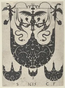 Blackwork Print with a Bezel Supporting Grotesques Above Three Smaller Bezels, from a Series of Blackwork Prints for Goldsmiths' Work