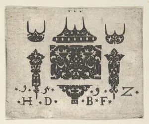 Blackwork Print with a Horizontal Panel and Six Small Motifs