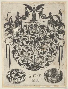 Blackwork Print with a Roundel with Tendrils and Birds Above Two Ovals, from a Series of Blackwork Prints for Goldsmiths' Work