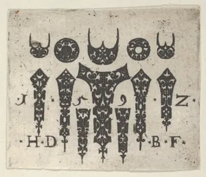 Blackwork Print with a Row of Seven Vertical Fillets Below a Row of Three-Pronged Motifs and Circles