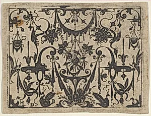 Blackwork Print with a Trophy at Center Surrounded by Grotesques and Swag Drapery by Hans de Bull