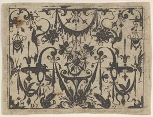 Blackwork Print with a Trophy at Center Surrounded by Grotesques and Swag Drapery