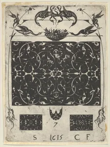 Blackwork Print with Birds and Grotesques Atop a Horizontal Panel, from a Series of Blackwork Prints for Goldsmiths' Work
