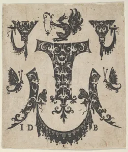 Blackwork Print with Five Ornament Motifs, a Pair of Butterflies and a Grotesque