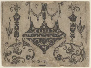 Blackwork Print with Four Ring Bezel Combined with C-Scrolls and Insects
