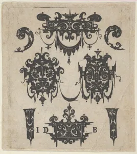 Blackwork Print with Four Shweifwerk Motifs Decorated with Swag Combined with Four Small Fillets