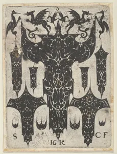 Blackwork Print with Grotesques Fighting on Top of a Large Motif Surrounded by Ten Smaller Motifs, from a Series of Blackwork Prints for Goldsmiths' Work