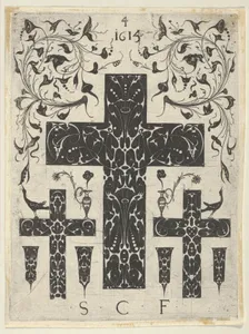 Blackwork Print with Three Crosses and Foliate Scrolls, from a Series of Blackwork Prints for Goldsmiths' Work