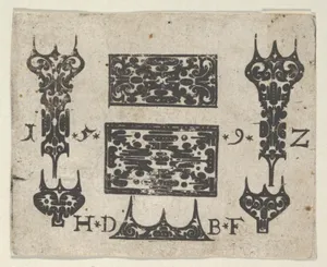Blackwork Print with Two Horizontal Panels and Five Small Motifs