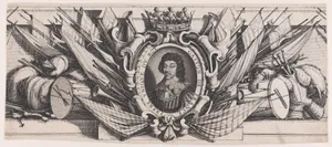 Border at Bottom Center: Portrait of Gaston of France in an Ornamental Border, from a group of sixteen plates originally mounted as a single sheet, entitled Siège de La Rochelle (The Seige of La Rochelle)