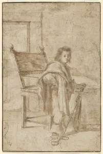 Boy Holding a Sword, Standing near a Table in an Interior; verso: Various Sketches of Figures and Ornamental Forms
