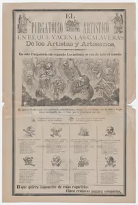 Broadsheet, on recto artist and artisans in hell with objects relating to their profession entitled 'The artistic purgatory, where the calaveras of artists and craftsmen lie', on verso skulls relating to different professions