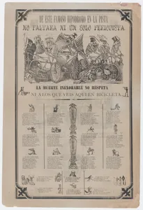 Broadsheet, on recto skeletons riding bicycles entitled 'From this famous hippodrome on the racetrack, not even a single journalist is missing. Death is inexorable and doesn't even respect those that you see here on bicycles'; on verso skeletons buying and selling printed images etc