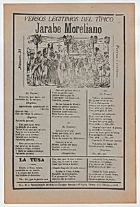 Broadsheet with songs for a Mexican courtship dance called the 'Jarabe Moreliano', a crowd of people and muscians by José Guadalupe Posada|Antonio Vanegas Arroyo