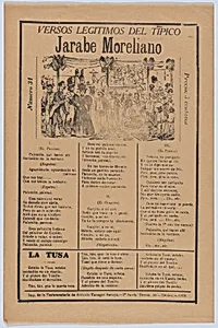Broadsheet with songs for a Mexican courtship dance called the 'Jarabe Moreliano', a crowd of people and muscians by José Guadalupe Posada|Antonio Vanegas Arroyo