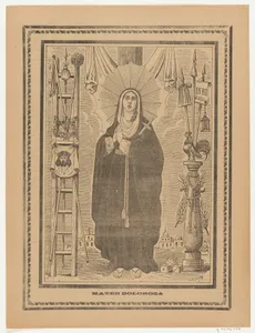 Broadsheet with the Virgin of Sorrows, flanked by instruments on the Passion
