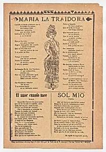 Broadsheet with three ballads about love, a woman wearing a dress and hat placing one hand to her chest and the other behind her back by José Guadalupe Posada|Antonio Vanegas Arroyo