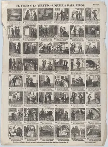 Broadside with 24 scenes relating to vice and virtue, lessons for children