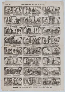 Broadside with 48 (24 pairs) scenes contrasting Spanish customs past and present