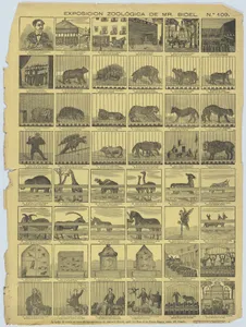 Broadside with 48 scenes depicting animals from Mr Bidel's zoo in Barcelona