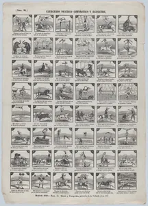 Broadside with 48 scenes depicting circus gymnastic and equestrian exercises