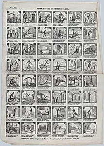 Broadside with 48 scenes depicting the misfortunes of a skinny man by José María Marés