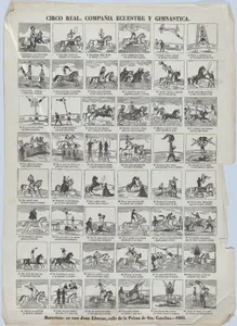 Broadside with 48 scenes depicting the equestrian and gymnastic moves of the royal circus