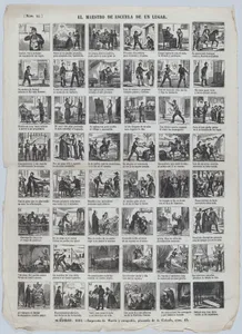 Broadside with 48 scenes depicting the experiences of a schoolteacher in an unknown small town ('de un lugar')