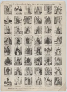 Broadside with 48 scenes depicting the kings and queens of Spain