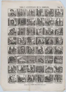 Broadside with 48 scenes depicting the life and adventures of Don Simplon