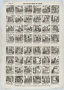 Broadside with 48 scenes depicting the life of a servant girl by José María Marés