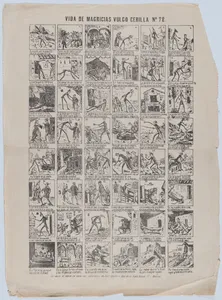 Broadside with 48 scenes depicting the life of Mr Thin