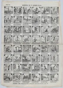 Broadside with 48 scenes depicting the misfortunes of a skinny man