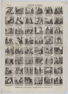 Broadside with 48 scenes depicting the mishaps in/of Madrid