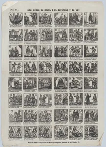 Broadside with 48 scenes depicting the story of Don Pedro the Cruel, or, the Shoemaker and the king