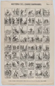 Broadside with 48 scenes depicting the story of the Dwarf Barrabás