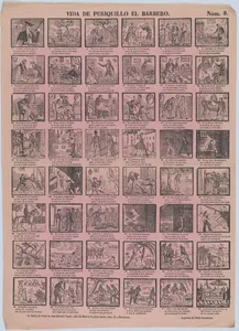 Broadside with 48 scenes from the life of Periquillo the Barber