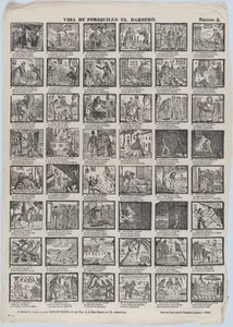 Broadside with 48 scenes from the life of Periquillo the Barber