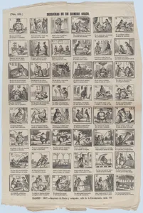 Broadside with 48 scenes illusrating the misfortunes of a fat man